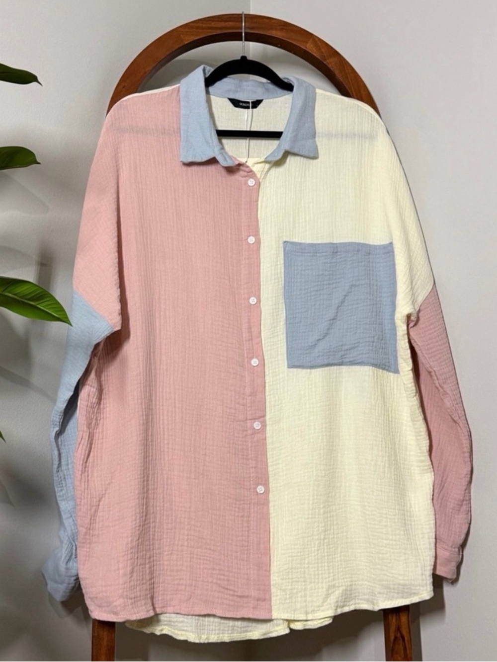 Dokotoo 2XL Pastel Colorblock 100% Cotton Gauze Oversized Button Down Shirt NEW